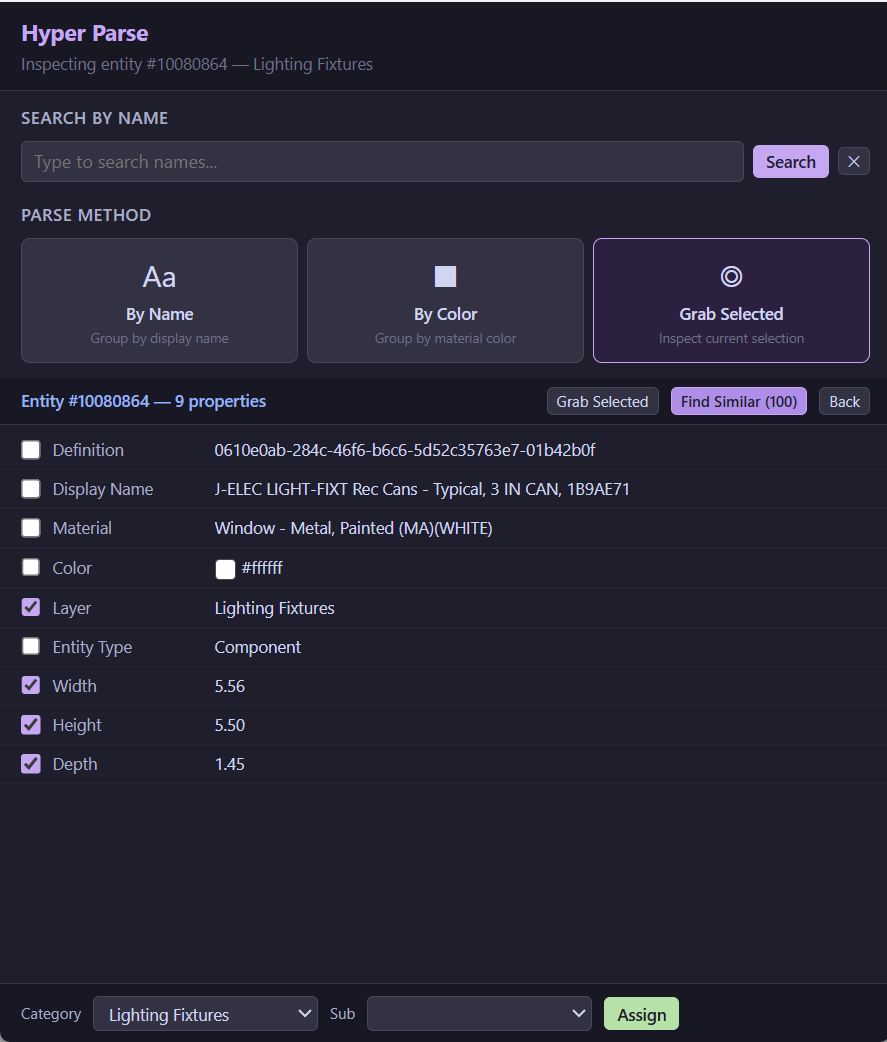 Grab Selected — inspecting a light fixture with 9 properties, Find Similar (100)