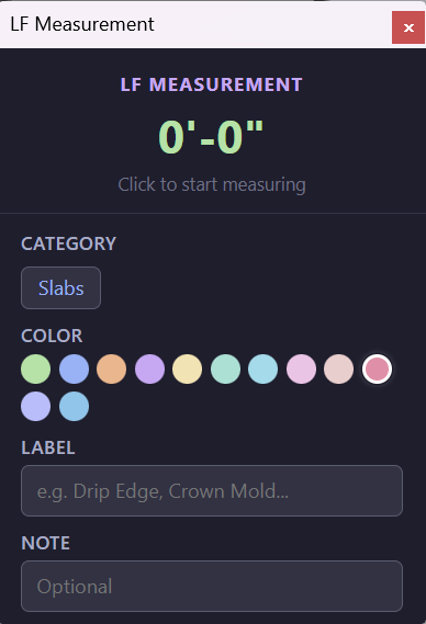 LF Measurement window with category, color, label, and note fields