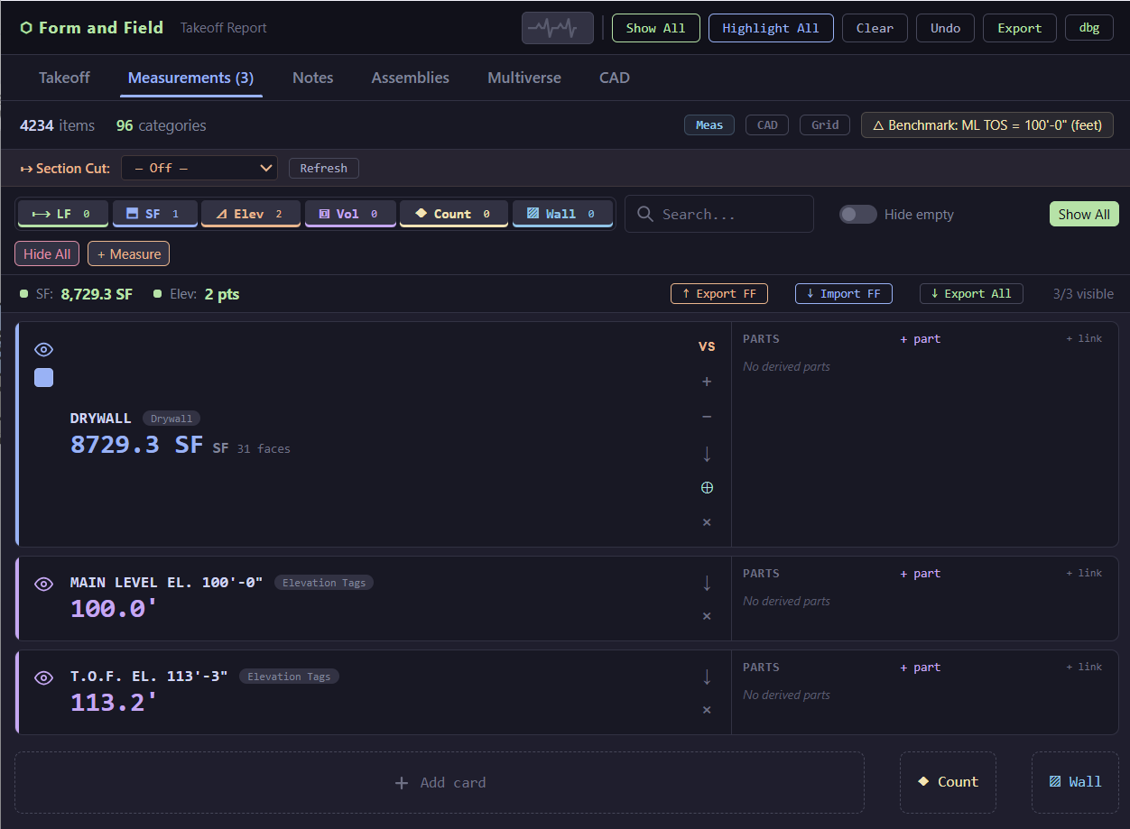 Measurements tab with cards, type chips, and export controls