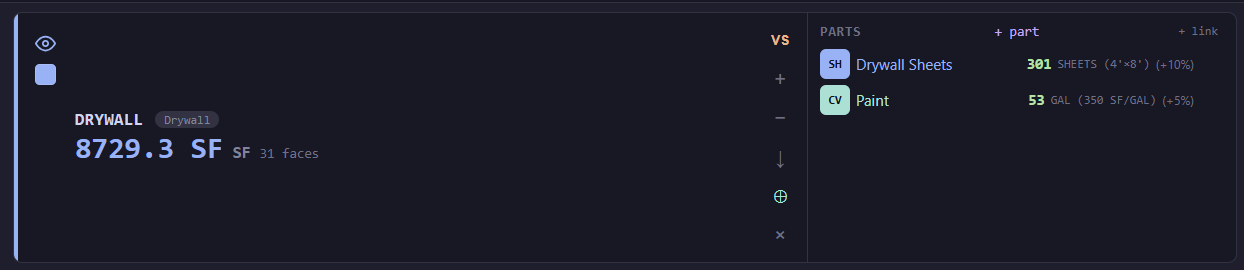 Measurement card with derived parts — Drywall Sheets and Paint