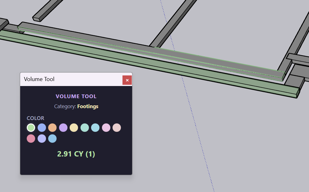 Volume Tool — measuring a footing in cubic yards