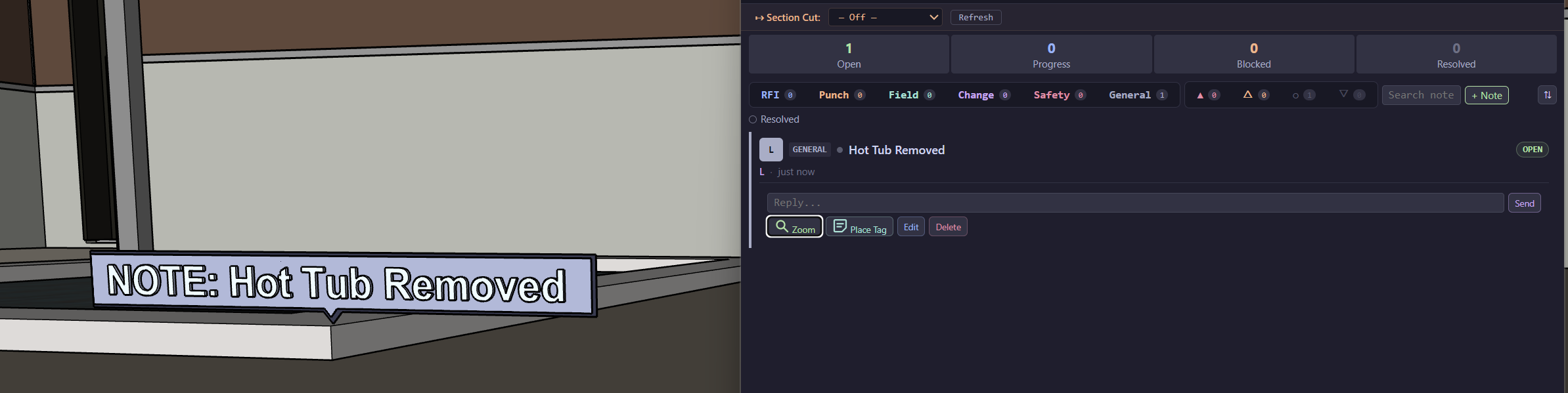 A note pinned to the model with the Notes tab open showing status and type