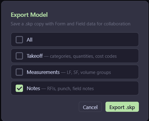 Export Model dialog — choose to export Takeoff, Measurements, Notes, or All